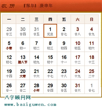 辛酉年即1981年日历表1月