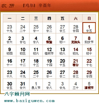 辛酉年即1981年日历表3月