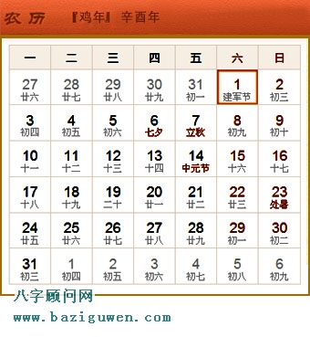 辛酉年即1981年日历表8月