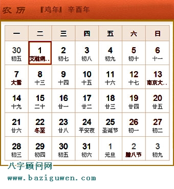 辛酉年即1981年日历表12月