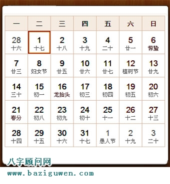 1983年日历表3月