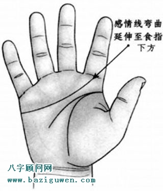 感情线弯曲延伸至食指下方